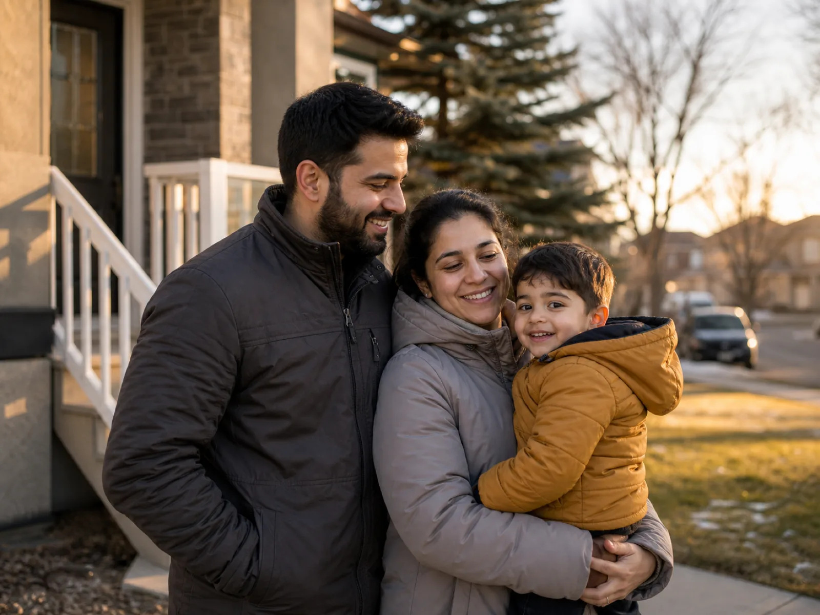 A settled skilled worker and their family outside their home in an Edmonton neighbourhood in 2026