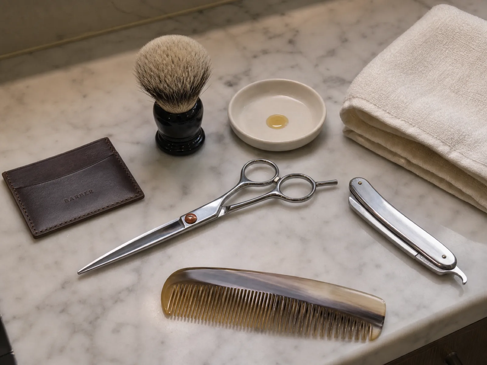 Outils de barbier professionnels — ciseaux japonais, peigne, rasoir droit — disposés sur un comptoir de marbre