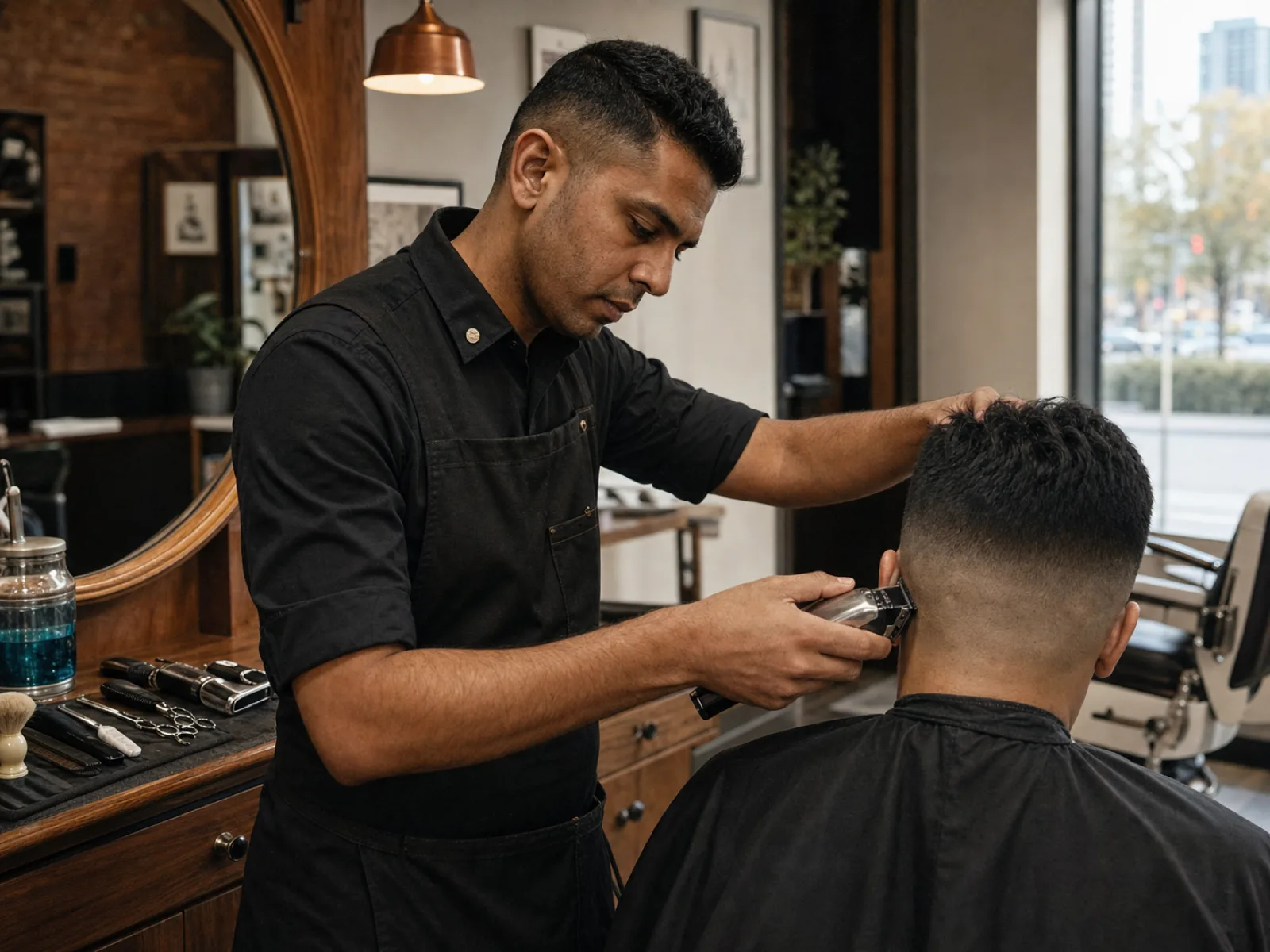 Barbier canadien donnant une coupe fade précise dans un barbershop moderne à Edmonton en 2026