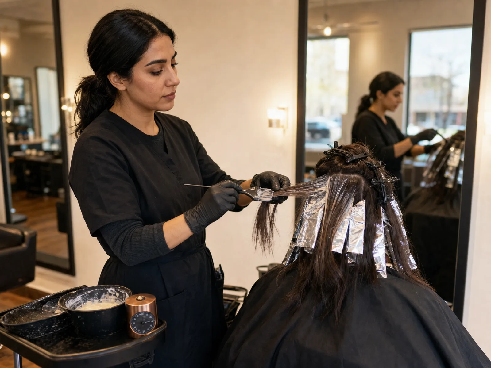 Coloriste canadienne appliquant une couleur à une cliente dans un salon moderne à Edmonton en 2026