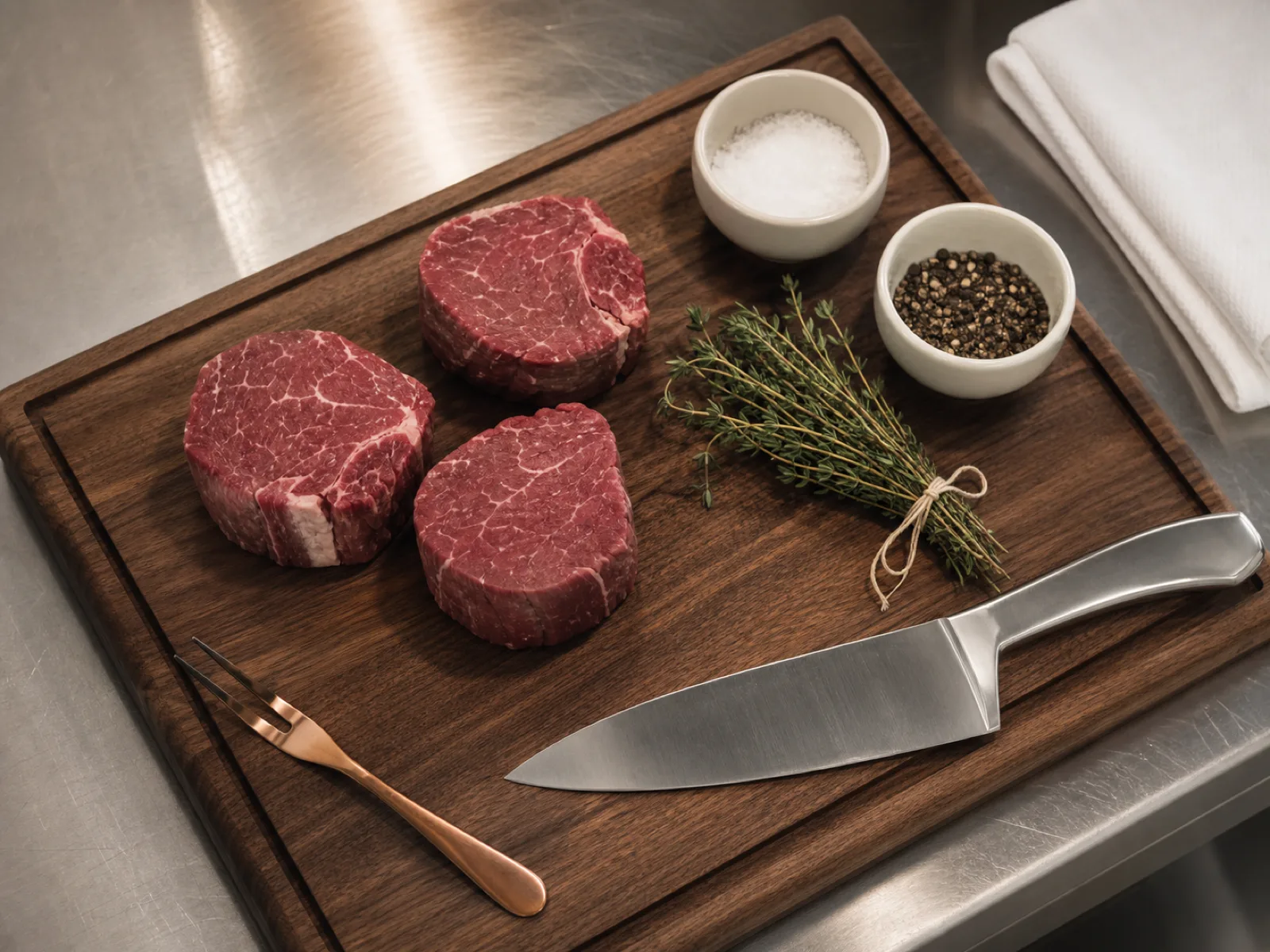 Station de mise en place d'un restaurant canadien : viande portionnée, fines herbes et couteau de chef prêts pour le service