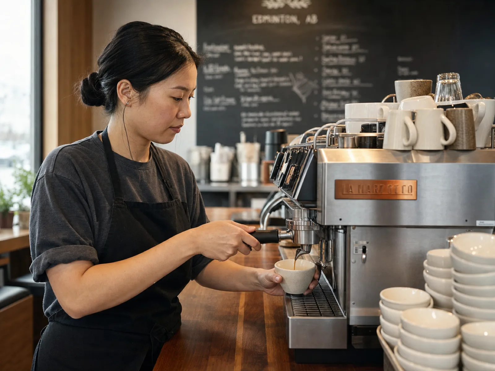 Barista canadien servant un espresso dans un café spécialisé moderne à Edmonton en 2026