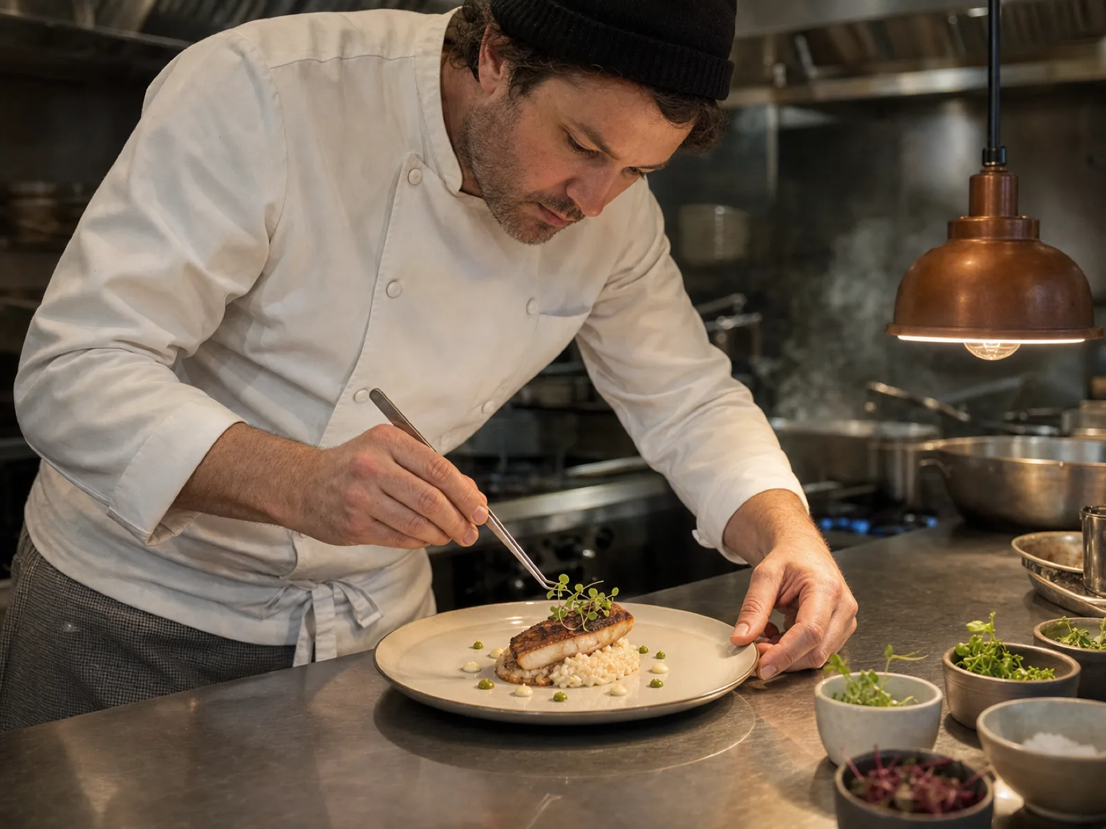 Chef gastronomique canadien dressant un plat au pass dans une cuisine moderne à Edmonton en 2026