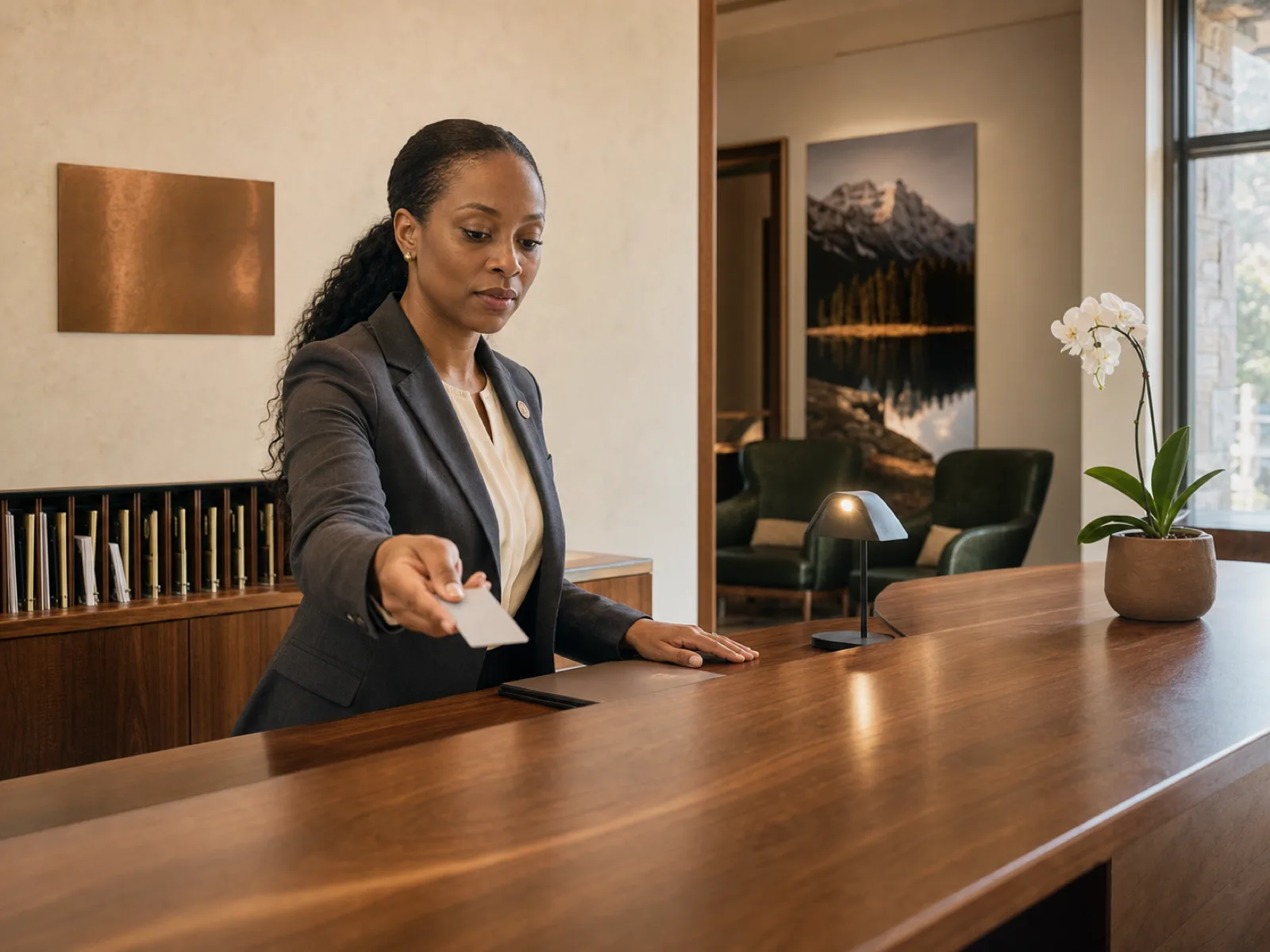 Agente de réception canadienne accueillant un invité à la réception d'un hôtel boutique moderne à Banff en 2026