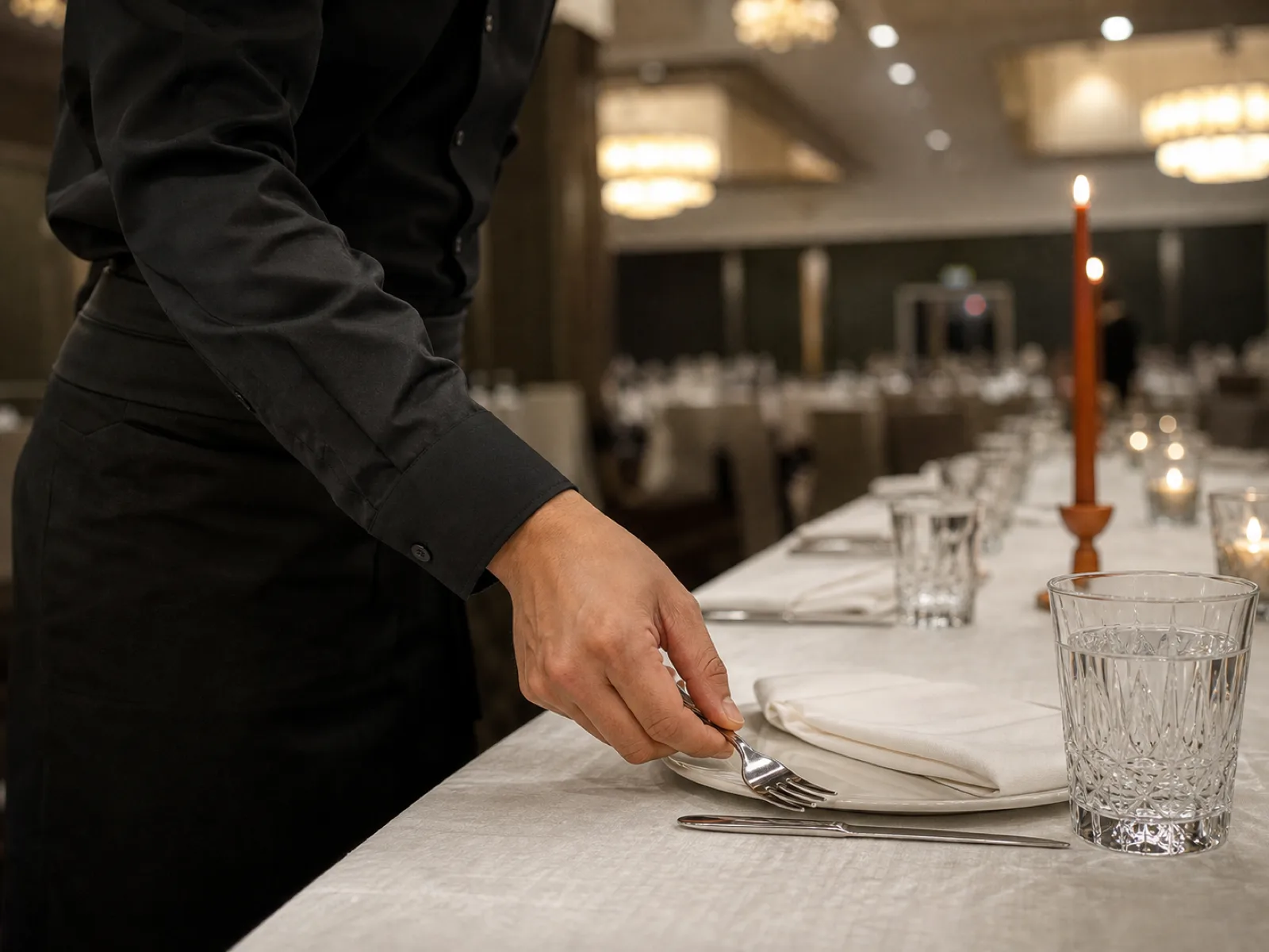Serveur de banquet canadien mettant en place une table formelle dans une salle de bal d'hôtel à Edmonton en 2026