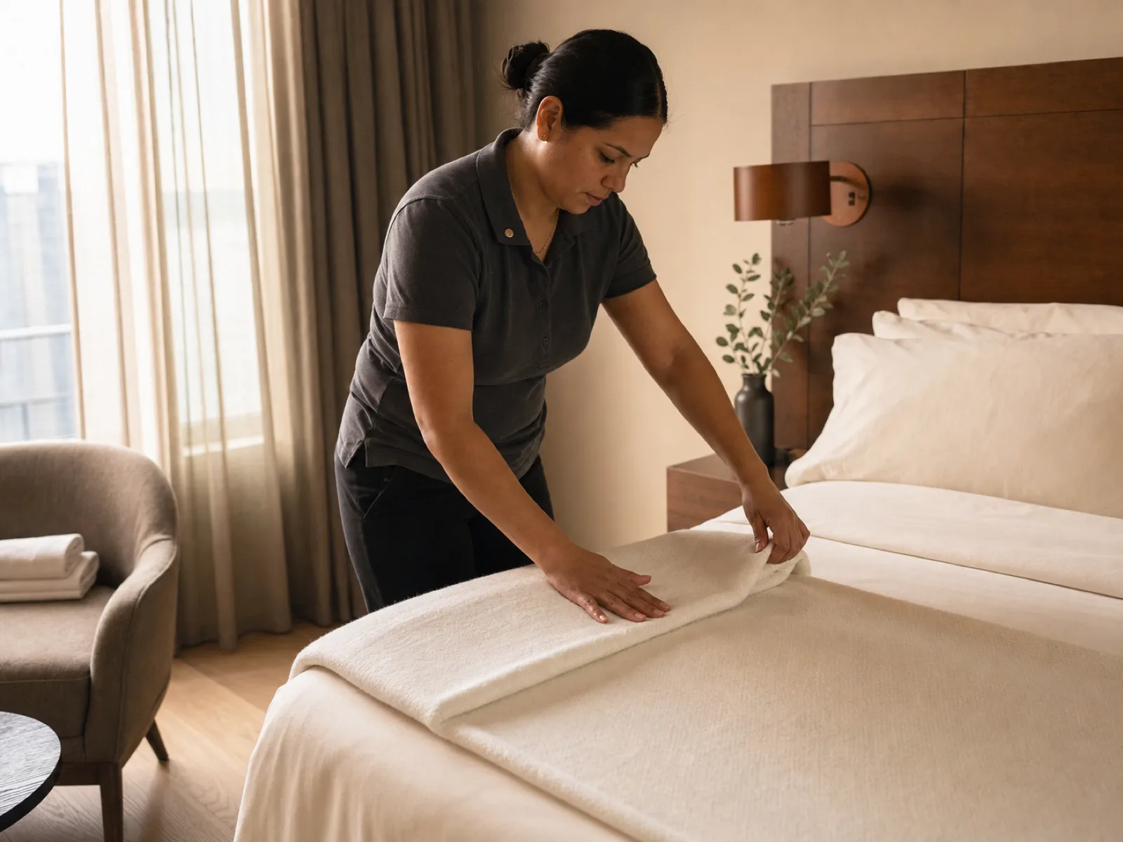 Préposée à l'entretien ménager canadienne effectuant un service de remise en état dans une chambre d'hôtel boutique à Vancouver en 2026