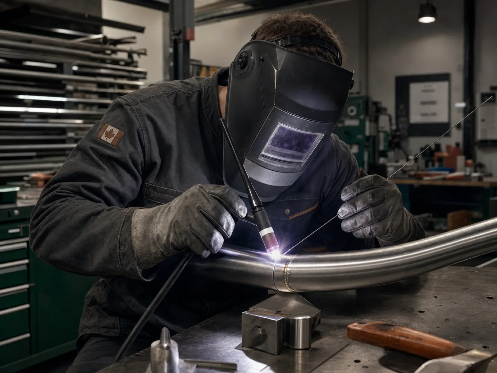 A Canadian skilled tradesperson performing precise TIG welding on a stainless-steel pipe joint in a modern Calgary fabrication shop in 2026